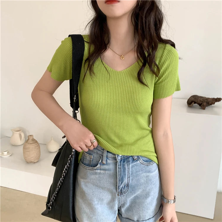 AOSSVIAO 2026 Basic V-neck Solid Thin Summer Pullover Women Female Knitted Ribbed Sweater Slim Short Sleeve Bodycon Sweater