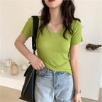 AOSSVIAO 2026 Basic V-neck Solid Thin Summer Pullover Women Female Knitted Ribbed Sweater Slim Short Sleeve Bodycon Sweater