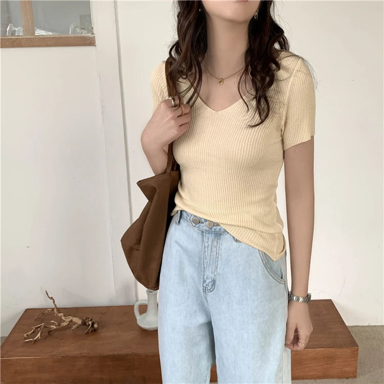 AOSSVIAO 2026 Basic V-neck Solid Thin Summer Pullover Women Female Knitted Ribbed Sweater Slim Short Sleeve Bodycon Sweater