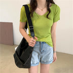 AOSSVIAO 2026 Basic V-neck Solid Thin Summer Pullover Women Female Knitted Ribbed Sweater Slim Short Sleeve Bodycon Sweater