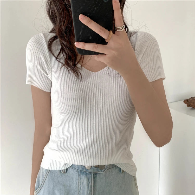 AOSSVIAO 2026 Basic V-neck Solid Thin Summer Pullover Women Female Knitted Ribbed Sweater Slim Short Sleeve Bodycon Sweater