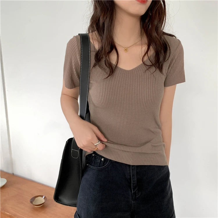 AOSSVIAO 2026 Basic V-neck Solid Thin Summer Pullover Women Female Knitted Ribbed Sweater Slim Short Sleeve Bodycon Sweater
