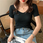 AOSSVIAO 2026 Basic V-neck Solid Thin Summer Pullover Women Female Knitted Ribbed Sweater Slim Short Sleeve Bodycon Sweater