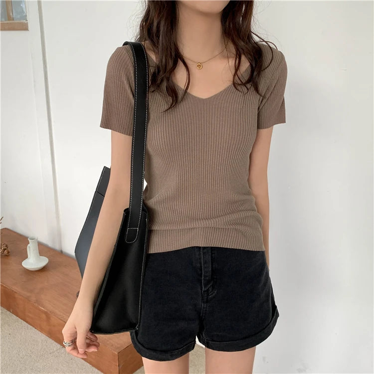 AOSSVIAO 2026 Basic V-neck Solid Thin Summer Pullover Women Female Knitted Ribbed Sweater Slim Short Sleeve Bodycon Sweater