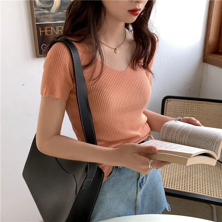 AOSSVIAO 2026 Basic V-neck Solid Thin Summer Pullover Women Female Knitted Ribbed Sweater Slim Short Sleeve Bodycon Sweater