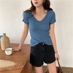 AOSSVIAO 2026 Basic V-neck Solid Thin Summer Pullover Women Female Knitted Ribbed Sweater Slim Short Sleeve Bodycon Sweater