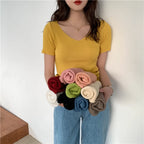 AOSSVIAO 2026 Basic V-neck Solid Thin Summer Pullover Women Female Knitted Ribbed Sweater Slim Short Sleeve Bodycon Sweater