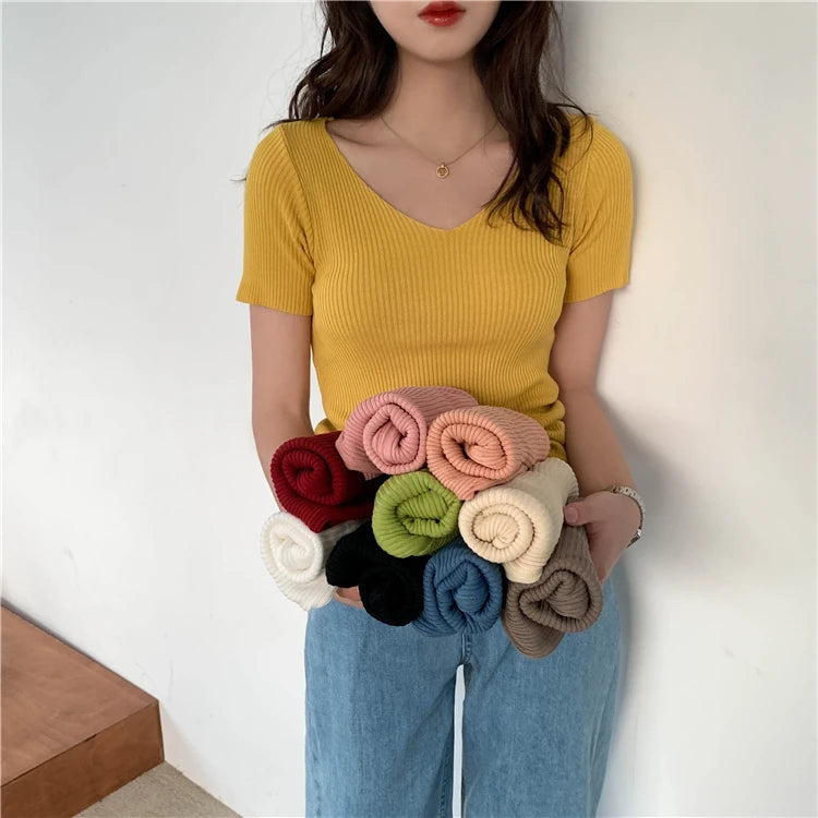 AOSSVIAO 2026 Basic V-neck Solid Thin Summer Pullover Women Female Knitted Ribbed Sweater Slim Short Sleeve Bodycon Sweater