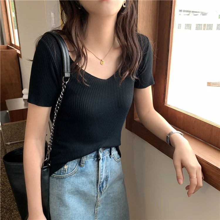 AOSSVIAO 2026 Basic V-neck Solid Thin Summer Pullover Women Female Knitted Ribbed Sweater Slim Short Sleeve Bodycon Sweater