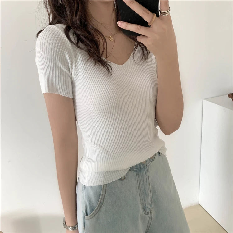 AOSSVIAO 2026 Basic V-neck Solid Thin Summer Pullover Women Female Knitted Ribbed Sweater Slim Short Sleeve Bodycon Sweater