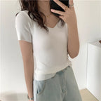AOSSVIAO 2026 Basic V-neck Solid Thin Summer Pullover Women Female Knitted Ribbed Sweater Slim Short Sleeve Bodycon Sweater