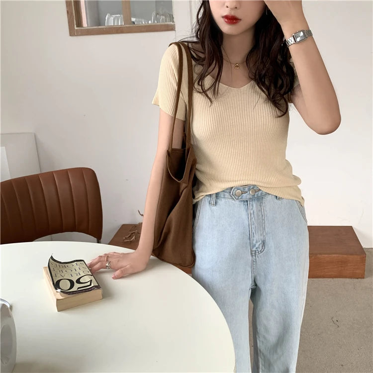AOSSVIAO 2026 Basic V-neck Solid Thin Summer Pullover Women Female Knitted Ribbed Sweater Slim Short Sleeve Bodycon Sweater
