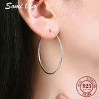 SOMILIA 925 Sterling Silver Platinum Big Hoop Earrings for Women Real Money Jewelry Female Fashion Womens Fine Earrings 10-90mm