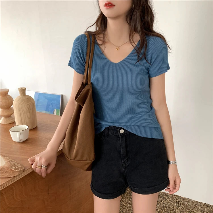 AOSSVIAO 2026 Basic V-neck Solid Thin Summer Pullover Women Female Knitted Ribbed Sweater Slim Short Sleeve Bodycon Sweater