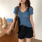 AOSSVIAO 2026 Basic V-neck Solid Thin Summer Pullover Women Female Knitted Ribbed Sweater Slim Short Sleeve Bodycon Sweater