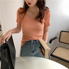 AOSSVIAO 2026 Basic V-neck Solid Thin Summer Pullover Women Female Knitted Ribbed Sweater Slim Short Sleeve Bodycon Sweater