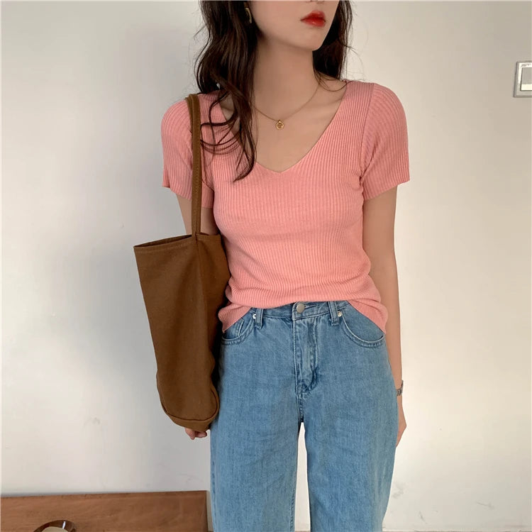 AOSSVIAO 2026 Basic V-neck Solid Thin Summer Pullover Women Female Knitted Ribbed Sweater Slim Short Sleeve Bodycon Sweater