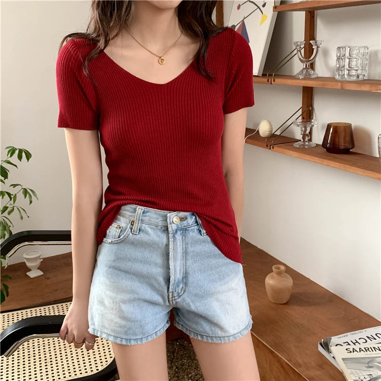 AOSSVIAO 2026 Basic V-neck Solid Thin Summer Pullover Women Female Knitted Ribbed Sweater Slim Short Sleeve Bodycon Sweater