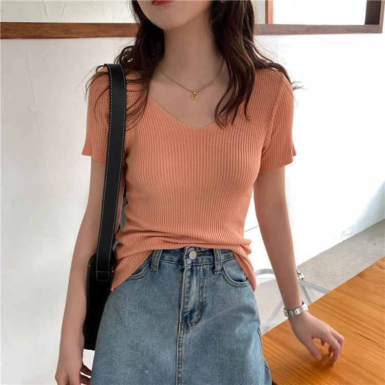 AOSSVIAO 2026 Basic V-neck Solid Thin Summer Pullover Women Female Knitted Ribbed Sweater Slim Short Sleeve Bodycon Sweater