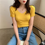 AOSSVIAO 2026 Basic V-neck Solid Thin Summer Pullover Women Female Knitted Ribbed Sweater Slim Short Sleeve Bodycon Sweater