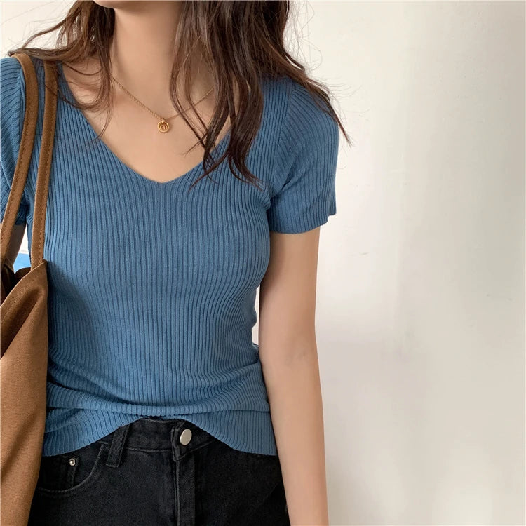 AOSSVIAO 2026 Basic V-neck Solid Thin Summer Pullover Women Female Knitted Ribbed Sweater Slim Short Sleeve Bodycon Sweater