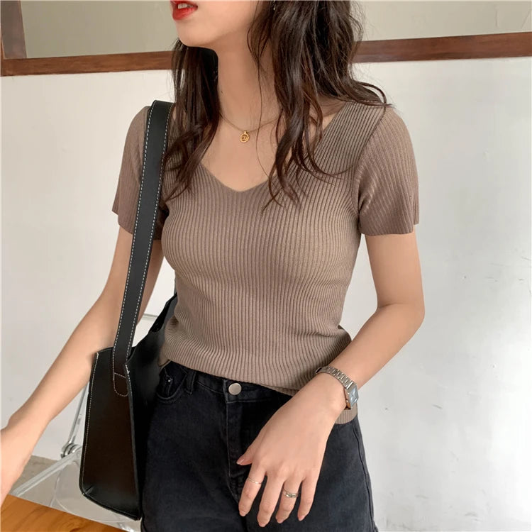 AOSSVIAO 2026 Basic V-neck Solid Thin Summer Pullover Women Female Knitted Ribbed Sweater Slim Short Sleeve Bodycon Sweater