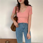 AOSSVIAO 2026 Basic V-neck Solid Thin Summer Pullover Women Female Knitted Ribbed Sweater Slim Short Sleeve Bodycon Sweater