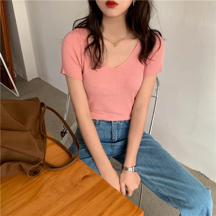 AOSSVIAO 2026 Basic V-neck Solid Thin Summer Pullover Women Female Knitted Ribbed Sweater Slim Short Sleeve Bodycon Sweater
