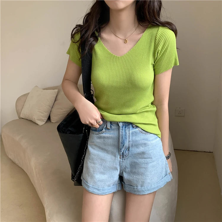 AOSSVIAO 2026 Basic V-neck Solid Thin Summer Pullover Women Female Knitted Ribbed Sweater Slim Short Sleeve Bodycon Sweater