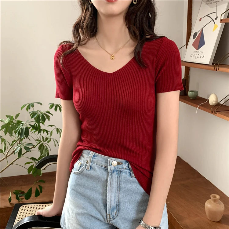 AOSSVIAO 2026 Basic V-neck Solid Thin Summer Pullover Women Female Knitted Ribbed Sweater Slim Short Sleeve Bodycon Sweater