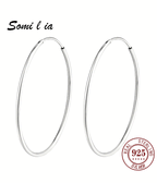 SOMILIA 925 Sterling Silver Platinum Big Hoop Earrings for Women Real Money Jewelry Female Fashion Womens Fine Earrings 10-90mm