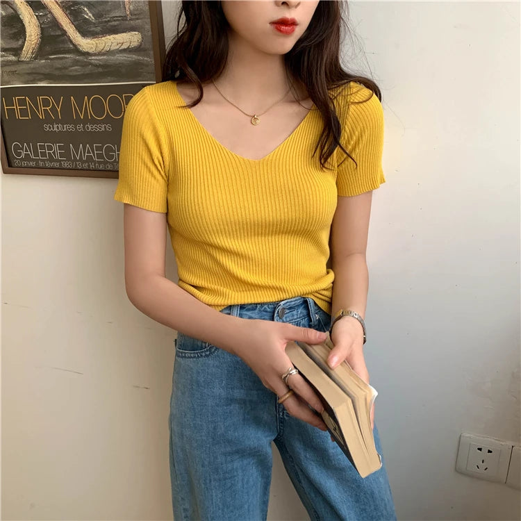 AOSSVIAO 2026 Basic V-neck Solid Thin Summer Pullover Women Female Knitted Ribbed Sweater Slim Short Sleeve Bodycon Sweater