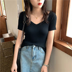 AOSSVIAO 2026 Basic V-neck Solid Thin Summer Pullover Women Female Knitted Ribbed Sweater Slim Short Sleeve Bodycon Sweater
