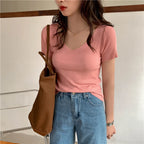 AOSSVIAO 2026 Basic V-neck Solid Thin Summer Pullover Women Female Knitted Ribbed Sweater Slim Short Sleeve Bodycon Sweater