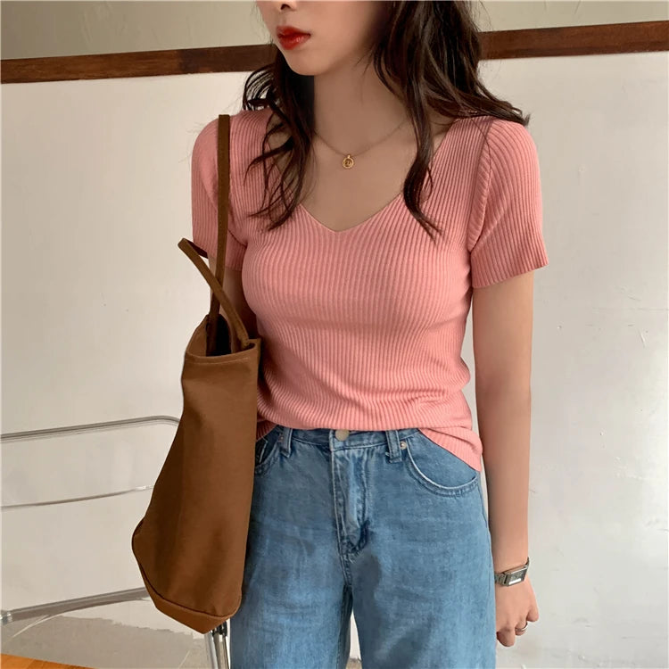 AOSSVIAO 2026 Basic V-neck Solid Thin Summer Pullover Women Female Knitted Ribbed Sweater Slim Short Sleeve Bodycon Sweater