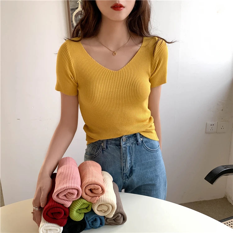 AOSSVIAO 2026 Basic V-neck Solid Thin Summer Pullover Women Female Knitted Ribbed Sweater Slim Short Sleeve Bodycon Sweater