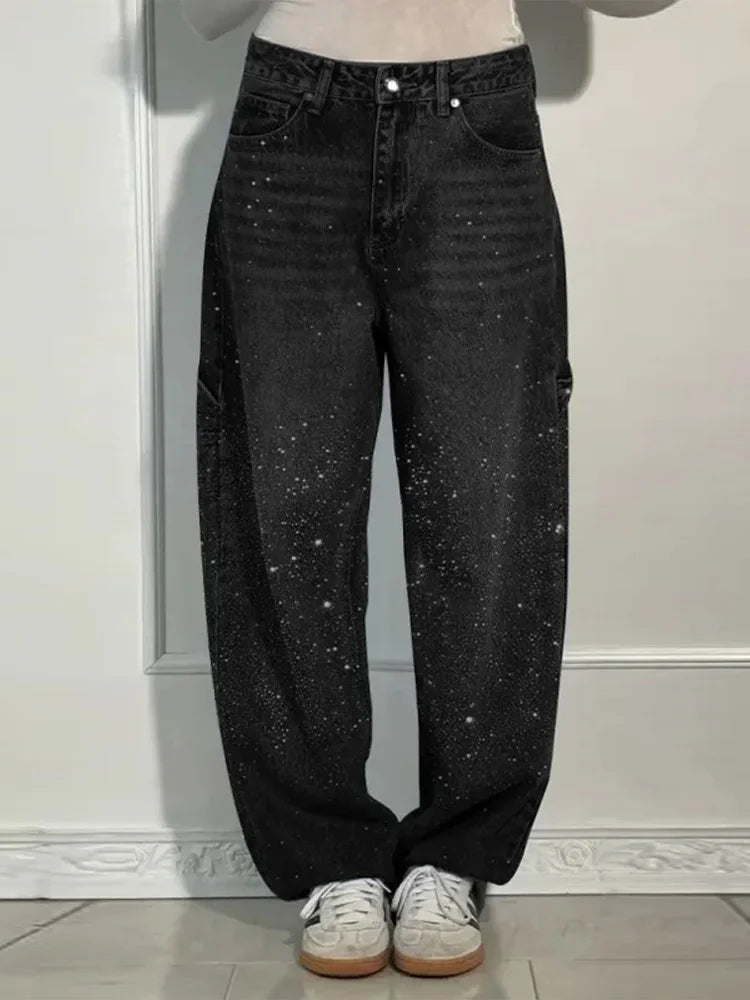 Chic Rhinestone Women's Jeans Y2k Street Oversize Loose Shining Female Wide Leg Pants 2025 Spring Summer Lady Denim Trousers
