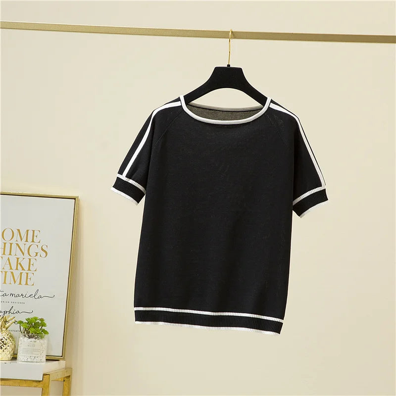 Camisetas Thin Knitted T Shirt Women Short Sleeve Summer Tops Casual Clothes Striped Fashion T-Shirt Tee Shirt Blusas 18841