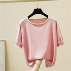 Camisetas Thin Knitted T Shirt Women Short Sleeve Summer Tops Casual Clothes Striped Fashion T-Shirt Tee Shirt Blusas 18841