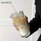600ML Stripe Glass Coffee Cup With Lid and Without Cover Straw Transparent Drinking Glasses for Juice Iced Coffee Mugs Drinkware