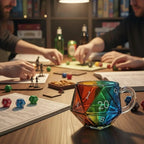 Transparent Glass Rainbow D20 Dice Mug with Handle Fantasy Themed Polyhedral Dice Coffee Cup Game Mug for RPG Lovers