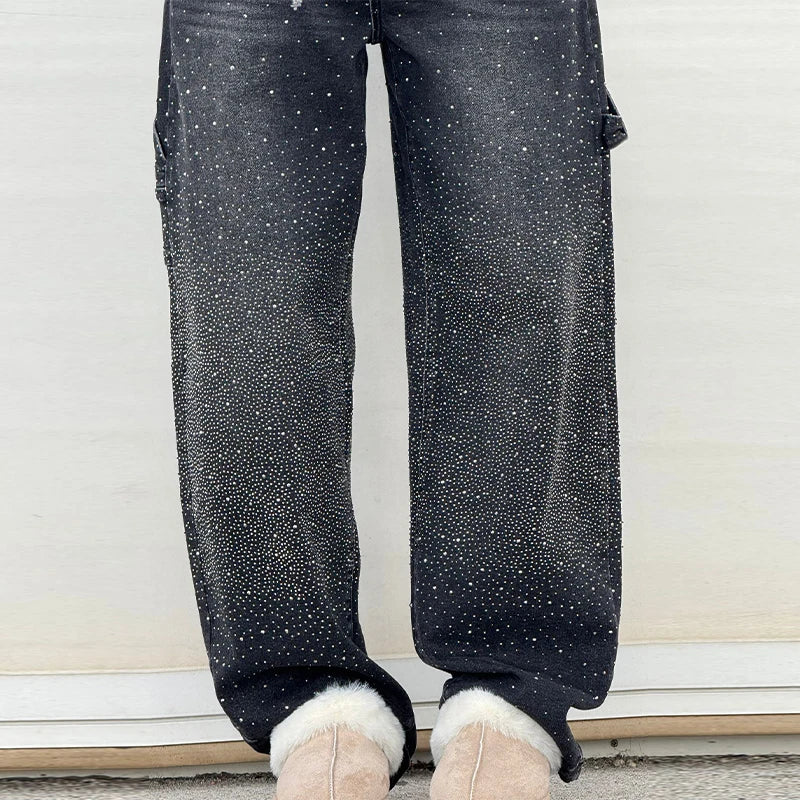 Chic Rhinestone Women's Jeans Y2k Street Oversize Loose Shining Female Wide Leg Pants 2025 Spring Summer Lady Denim Trousers