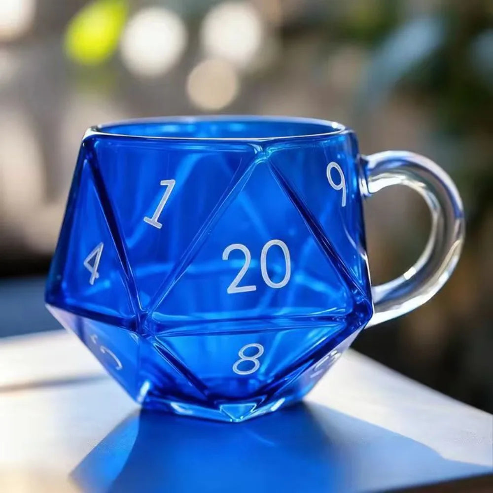 Transparent Glass Rainbow D20 Dice Mug with Handle Fantasy Themed Polyhedral Dice Coffee Cup Game Mug for RPG Lovers