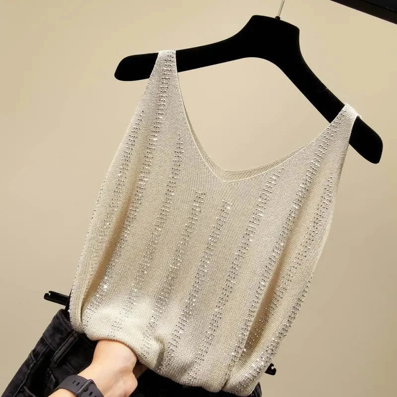 Rhinestones Tank Top Elegant Sleeveless Shiny Loose Knit Camis Corset Summer Women's Tube Top Aesthetic Clothing Korean