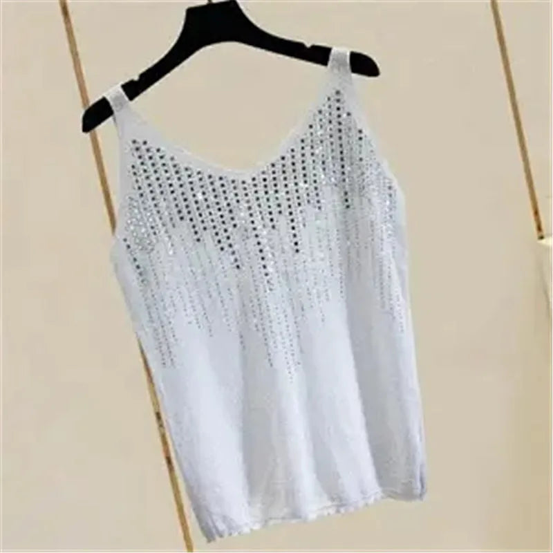 Rhinestones Tank Top Elegant Sleeveless Shiny Loose Knit Camis Corset Summer Women's Tube Top Aesthetic Clothing Korean