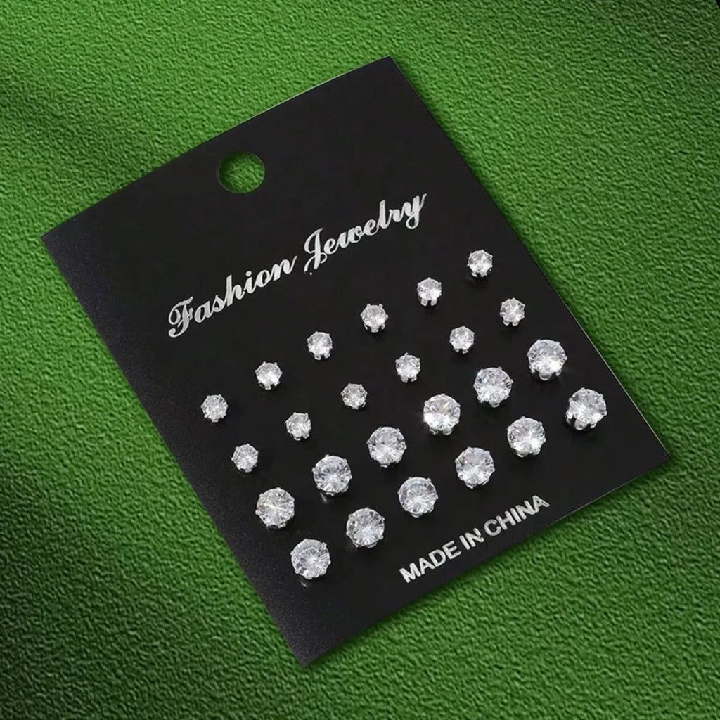 12 Pairs Set Stainless Steel Stud Earrings with Gemstone Buds Round Earrings Unisex Fashion Jewelry Gifts
