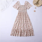 Spring Summer Chiffon Dress Women Midi DressesFemale Short Sleeve Elastic Waist Printed Floral Pleated Backless Casual Dress