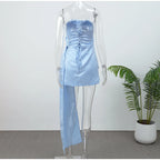 Irregular Shawl Blue Maxi Dress Women's Fashion Turtleneck Slim Fit Pleated Vestidos 2025 New Lady Evening Party Robes Summer