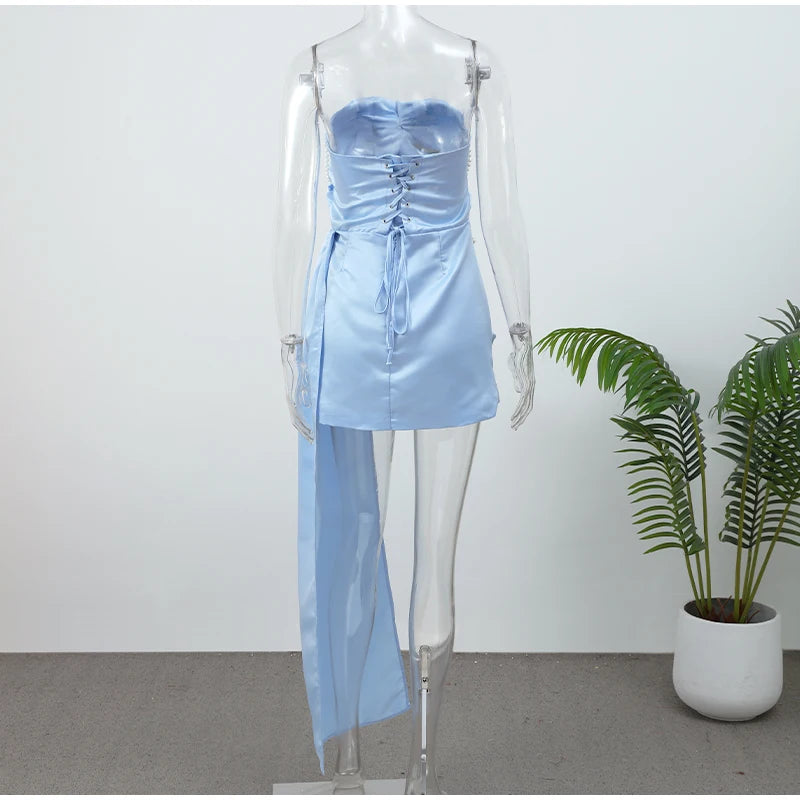 Irregular Shawl Blue Maxi Dress Women's Fashion Turtleneck Slim Fit Pleated Vestidos 2025 New Lady Evening Party Robes Summer