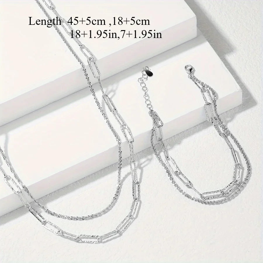 Fashion originality 925 Sterling Silver Necklace Bracelet Jewelry set for women men Paperclip Chain Party wedding gift
